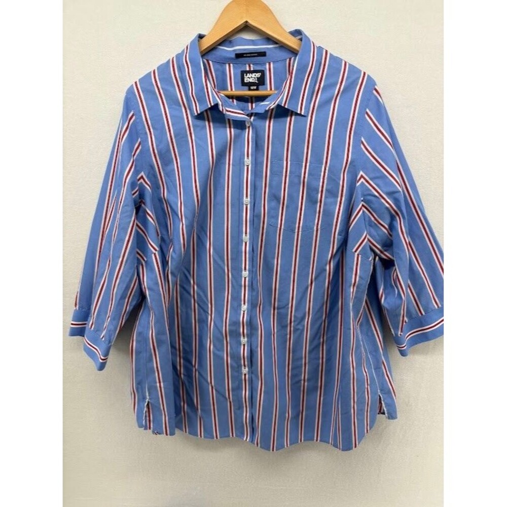 Lands End Women's Blouse 18W Striped Blue/Red Wrinkle Free